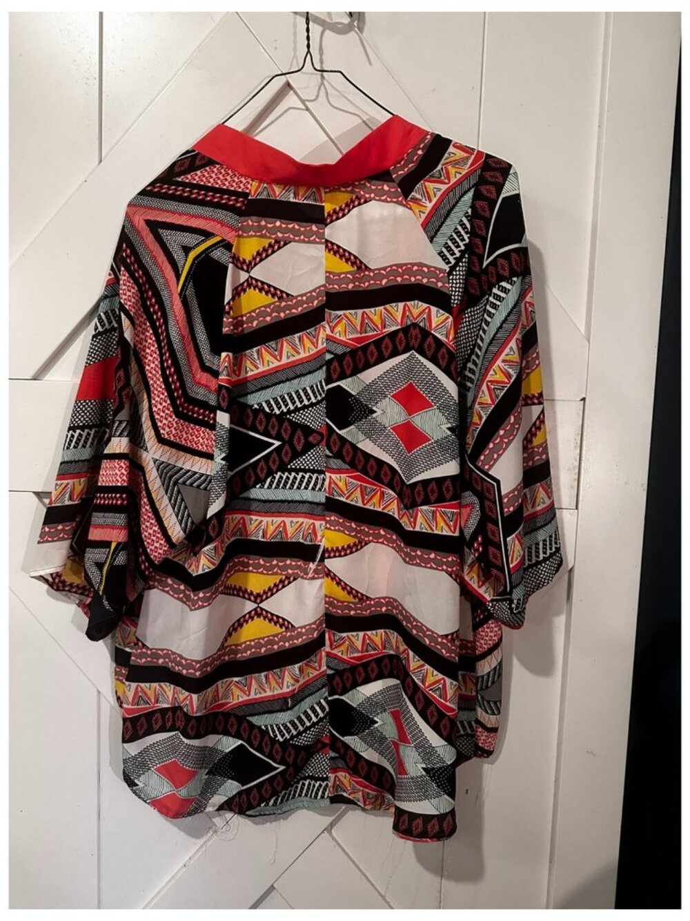 CATO Women's Open Front Blouse Multi Color Geometric Patterned Siz L Needs Trim - Picture 3 of 5